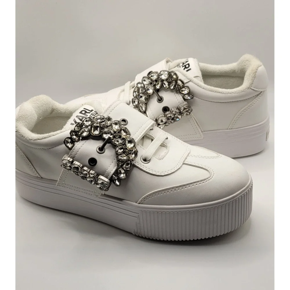 White Leather With Crystal Trim Buckle Karl Lagerfeld Platform Sneakers Size 6.5